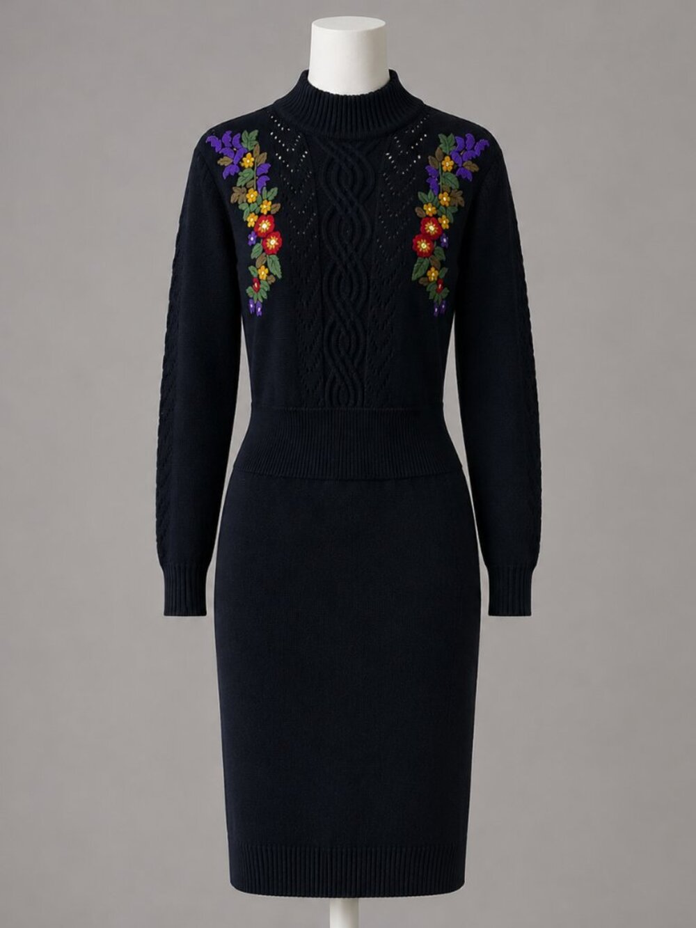 Vintage Floral Embroidered Long Sleeve Mock Neck Midi Dress Black Size Medium